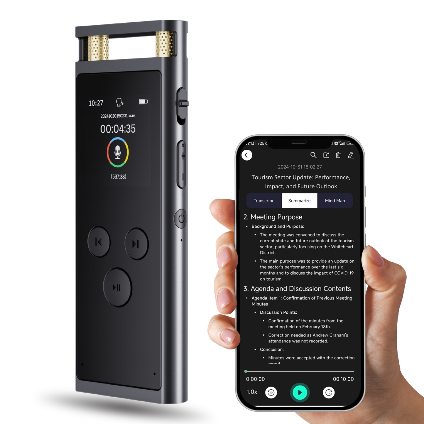 Digital Voice Recorder with APP for Voice-to-Text Transcription, GPT-4o Summary, Mind Mapping, Playback Support, Voice Activation, 64GB Aluminum Alloy Dictaphone, Space Gray – by FoCase Rec
