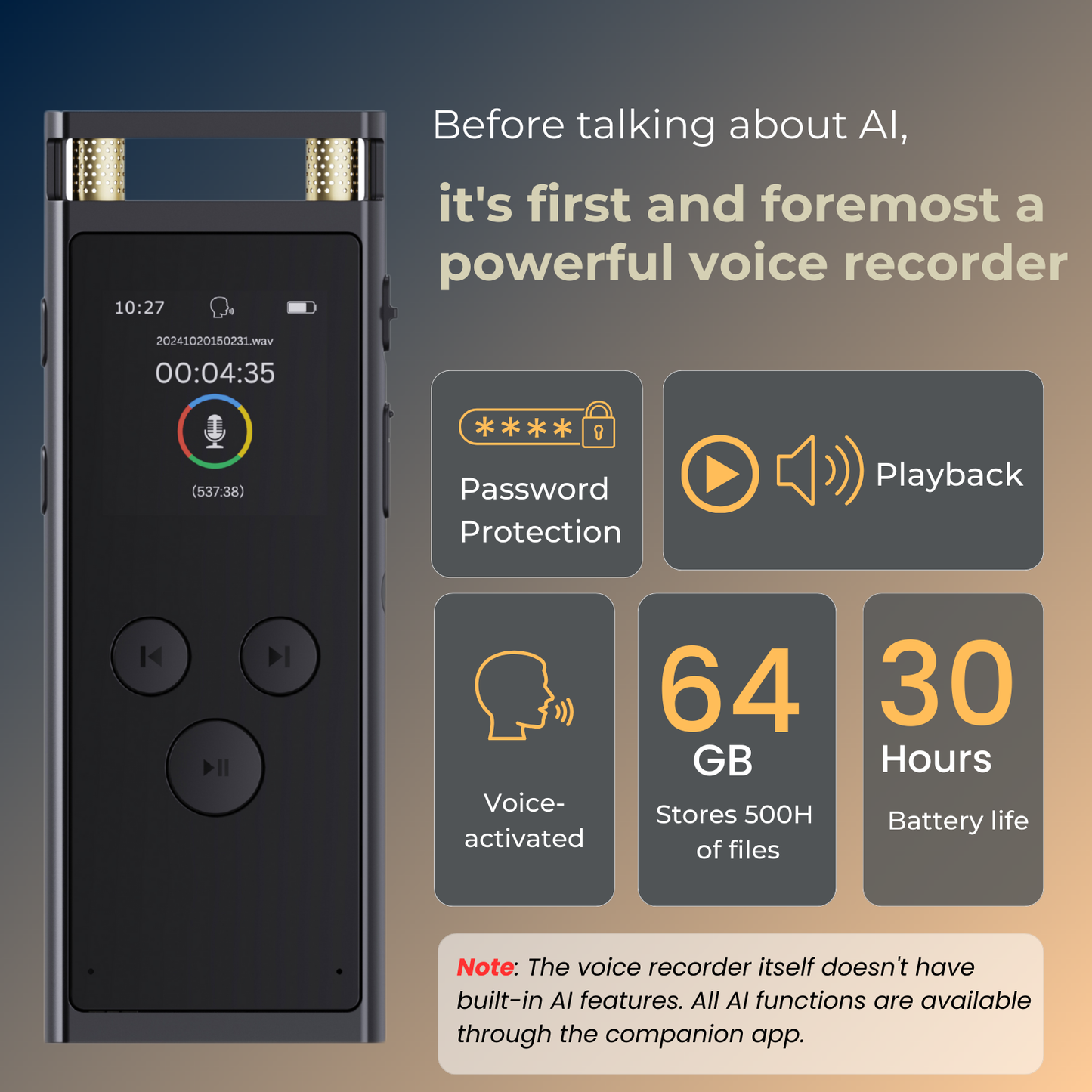 Digital Voice Recorder with APP for Voice-to-Text Transcription, GPT-4o Summary, Mind Mapping, Playback Support, Voice Activation, 64GB Aluminum Alloy Dictaphone, Space Gray – by FoCase Rec