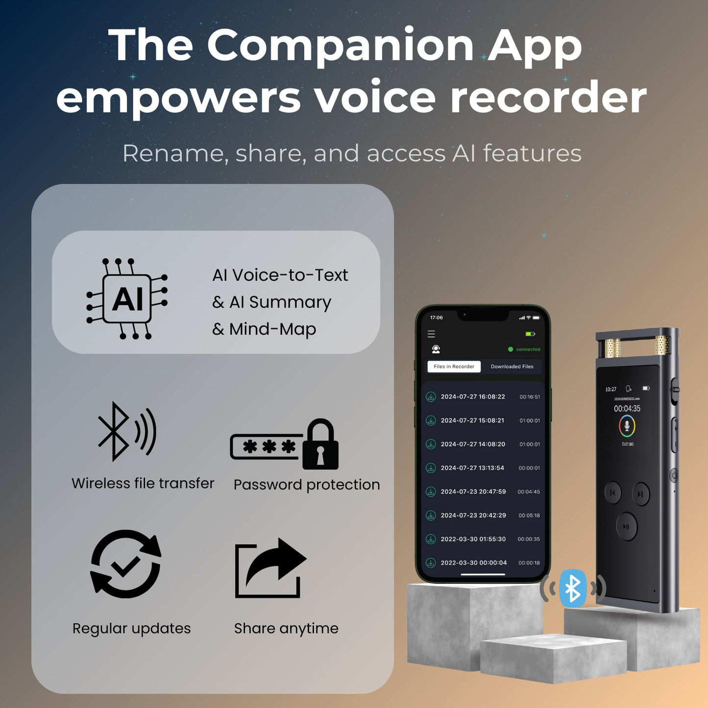 Digital Voice Recorder with APP for Voice-to-Text Transcription, GPT-4o Summary, Mind Mapping, Playback Support, Voice Activation, 64GB Aluminum Alloy Dictaphone, Space Gray – by FoCase Rec