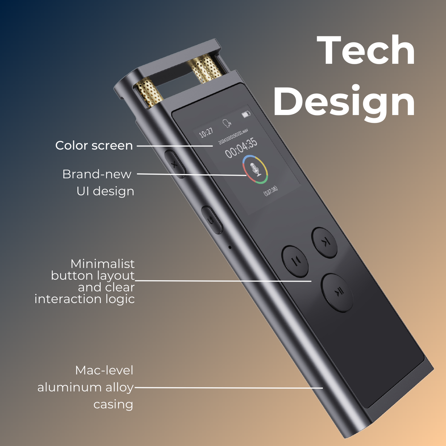 Digital Voice Recorder with APP for Voice-to-Text Transcription, GPT-4o Summary, Mind Mapping, Playback Support, Voice Activation, 64GB Aluminum Alloy Dictaphone, Space Gray – by FoCase Rec