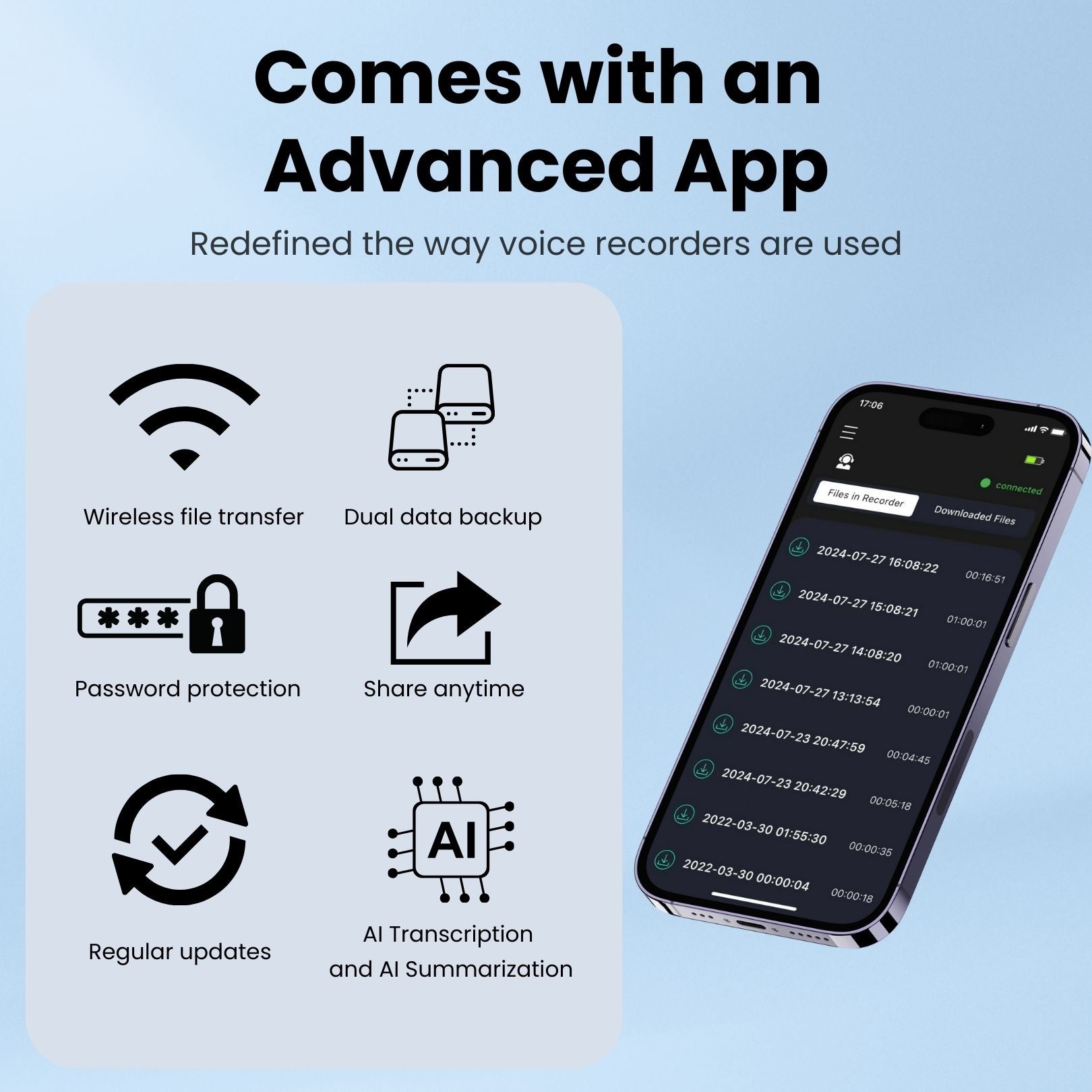 Voice Recorder with AI Transcription & Summarization FOCASE REC Audio Recorder AI Mini Voice Recorder for Lectures Calls Meetings App Control 64GB Memory Black 3