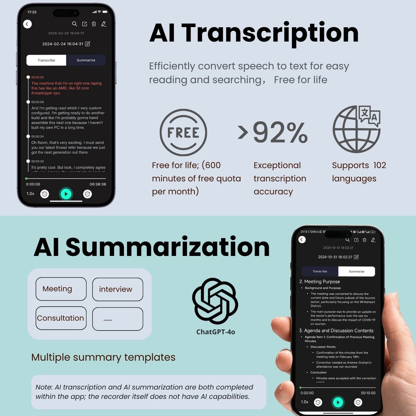 AI-Powered Call Recorder, Voice Recorder with Transcription and Summarization